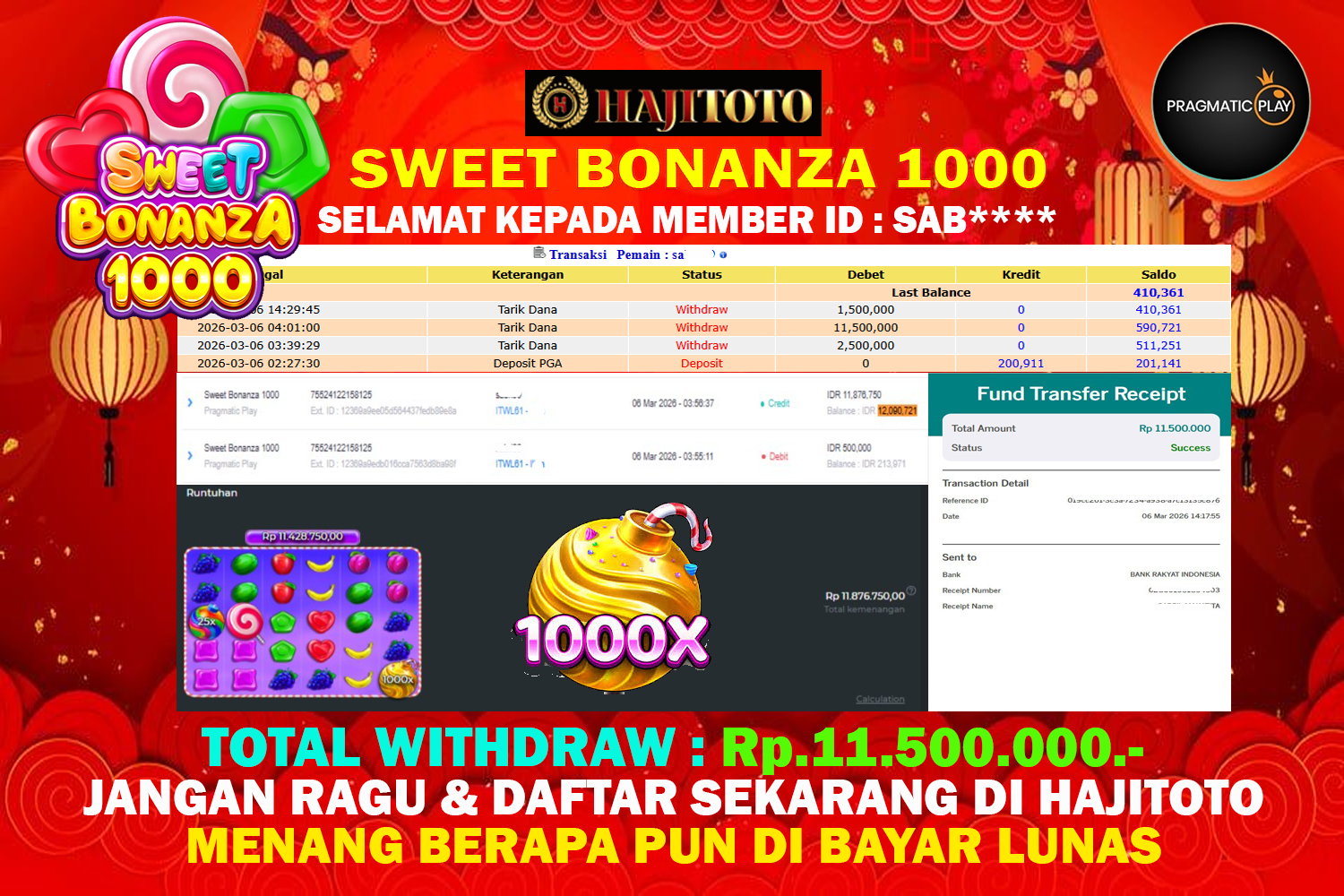 SELAMAT KEPADA PEMENANG MEMBER MERAIH JACKPOT DI GAME SWEET BONANZA 1000 TOTAL RP 11.500.000 DI BAYAR LUNAS